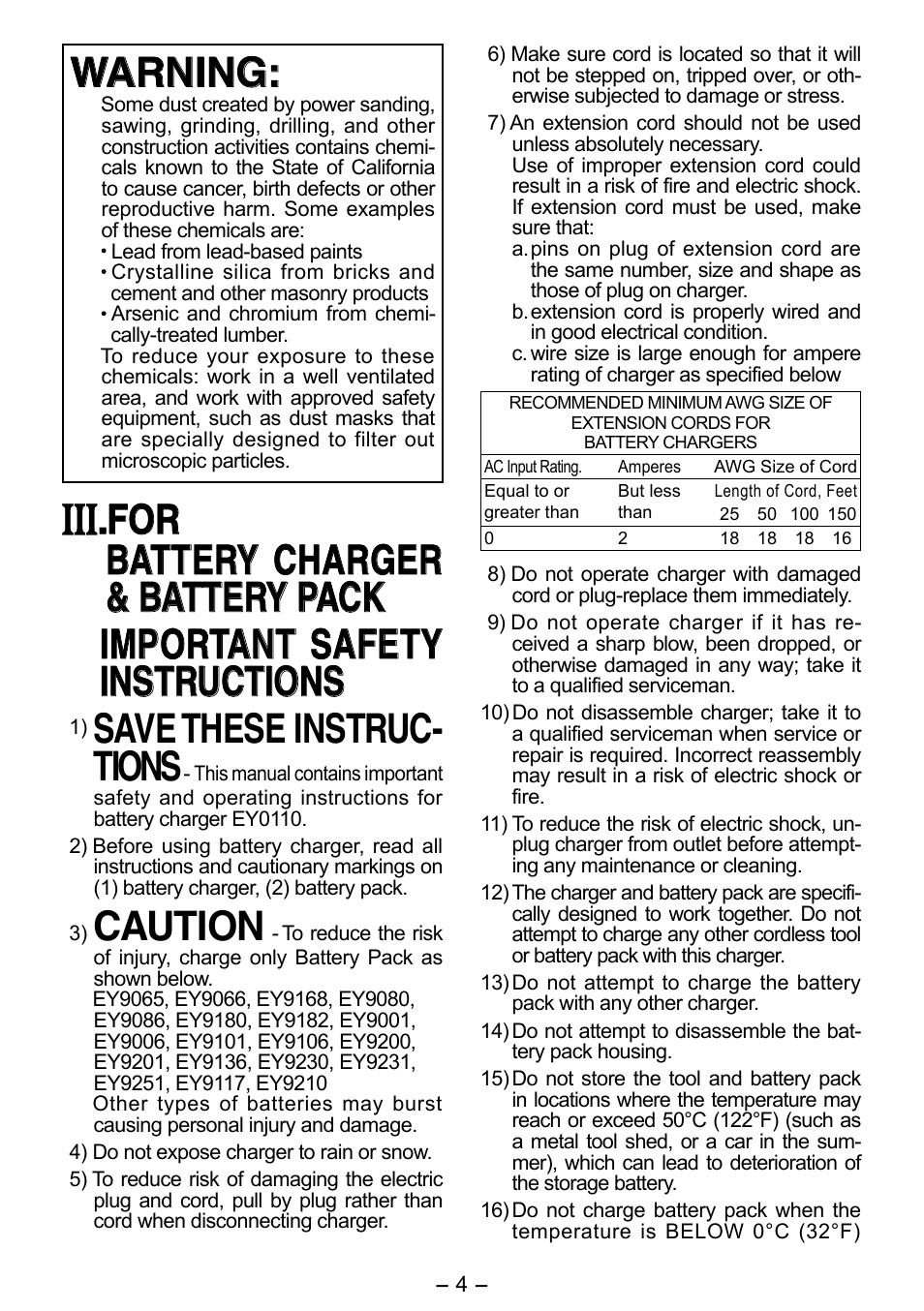 Warning, Save these instruc- tions, Caution | Panasonic EY6506 User Manual | Page 4 / 12