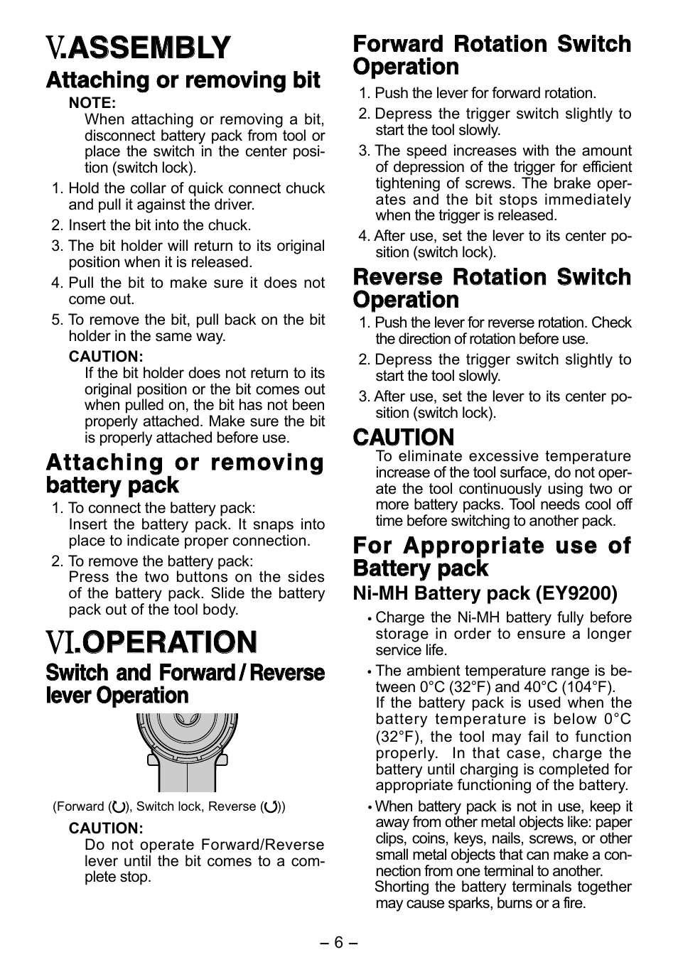 Assembly, Operation, Assembly assembly | Attaching or removing bit, Caution | Panasonic EY6506 User Manual | Page 6 / 12