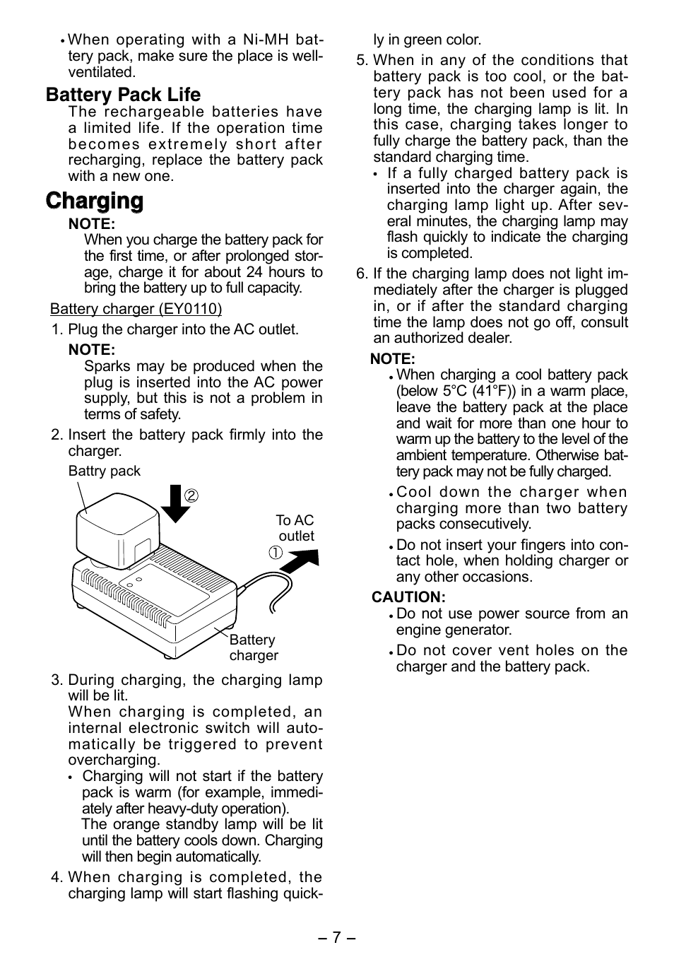 Charging, Battery pack life | Panasonic EY6506 User Manual | Page 7 / 12