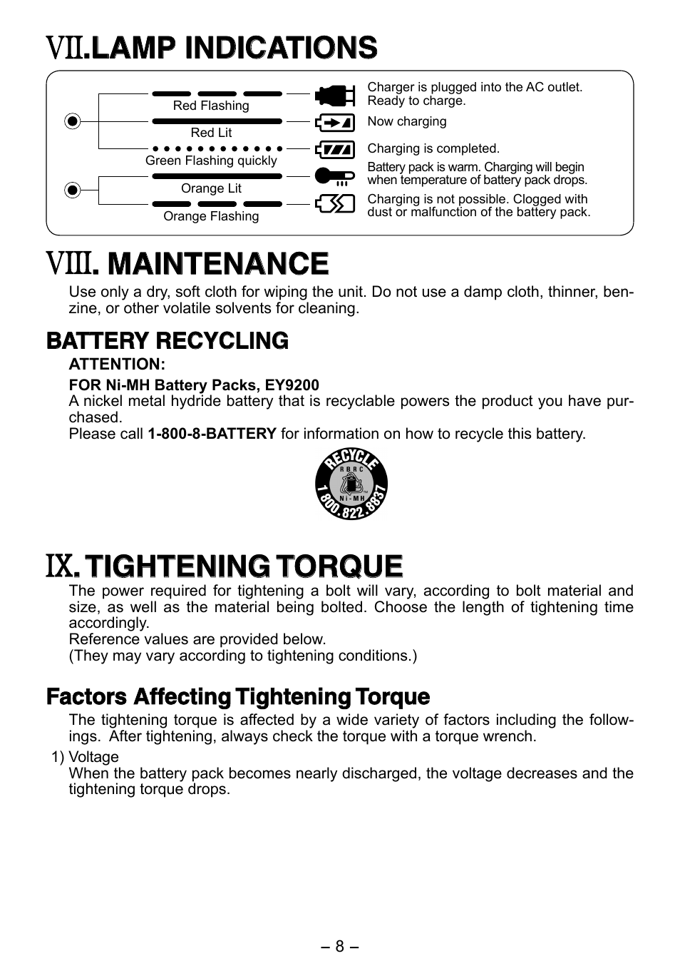 Lamp indications, Maintenance, Tightening torque | Tightening torque tightening torque, Battery recycling, Factors affecting tightening torque | Panasonic EY6506 User Manual | Page 8 / 12