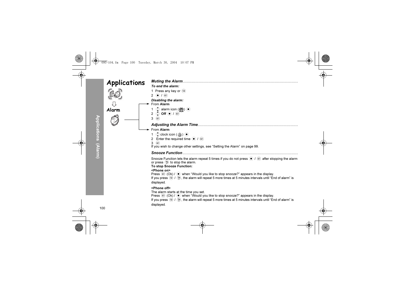 Applications, Alarm | Panasonic X60 User Manual | Page 102 / 140