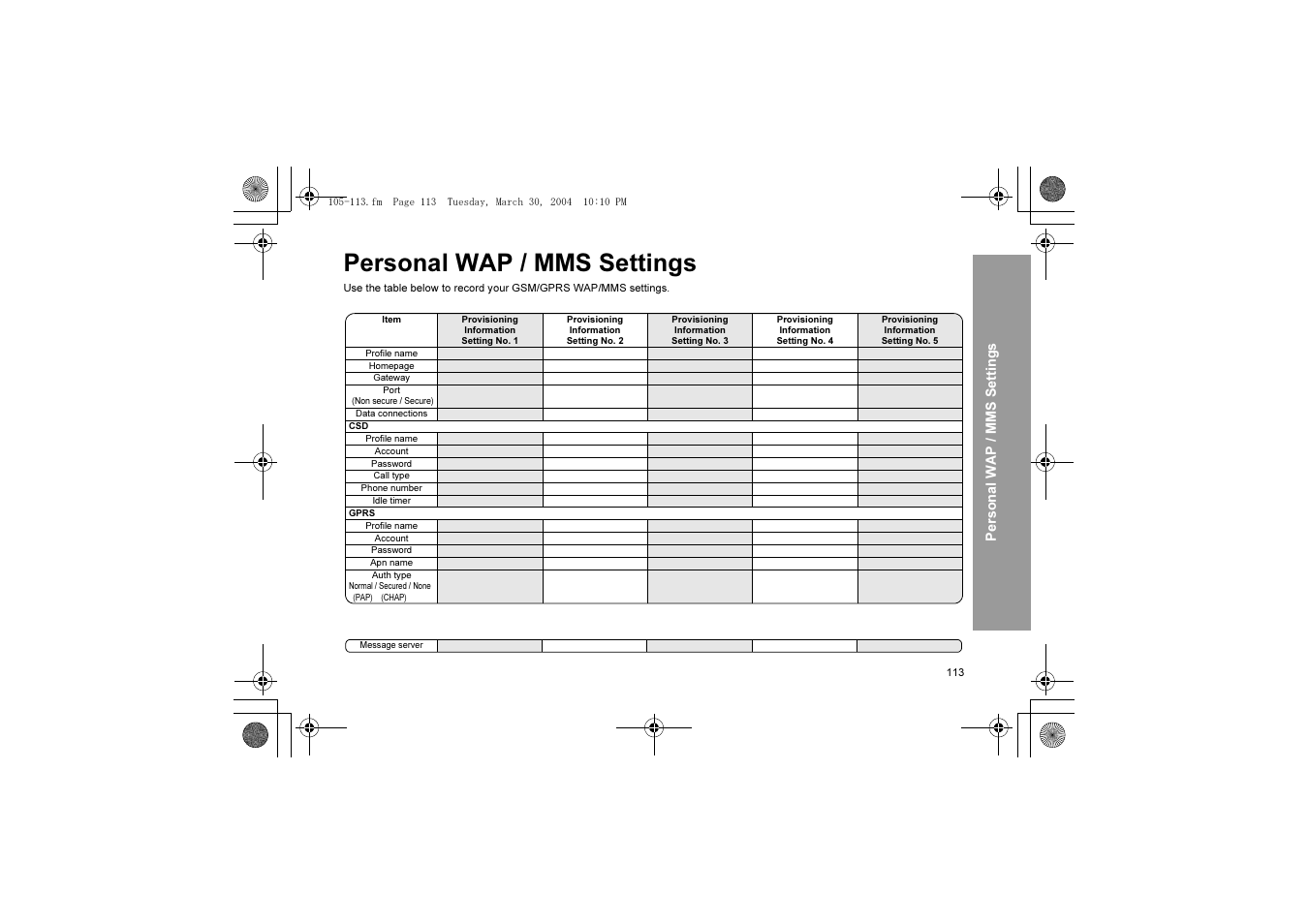 Personal wap / mms settings | Panasonic X60 User Manual | Page 115 / 140