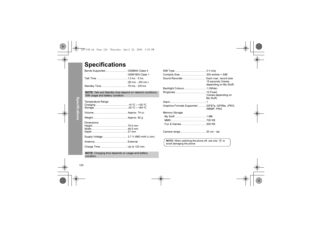 Specifications | Panasonic X60 User Manual | Page 122 / 140