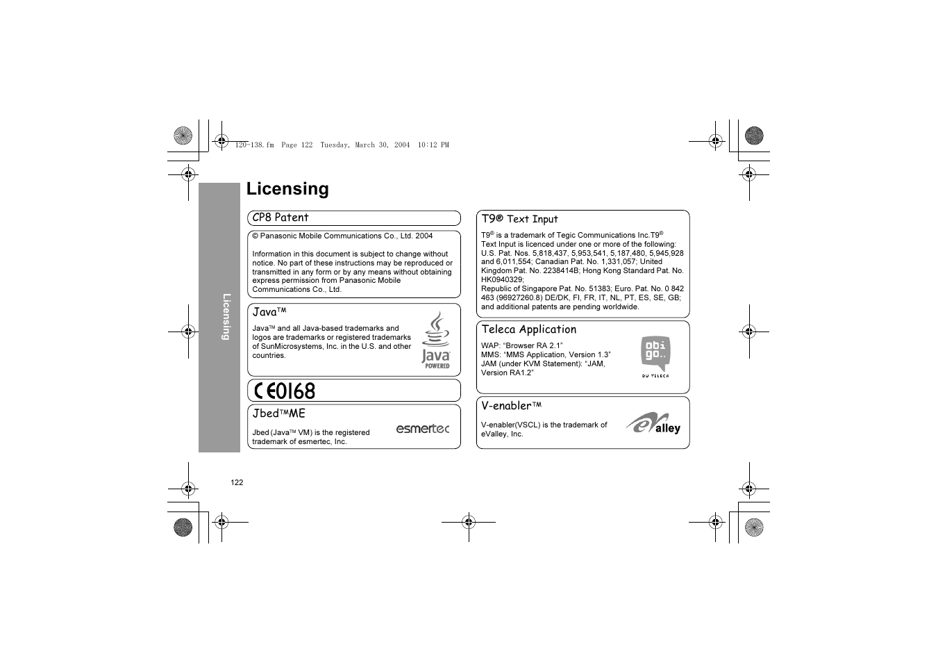 Licensing | Panasonic X60 User Manual | Page 124 / 140