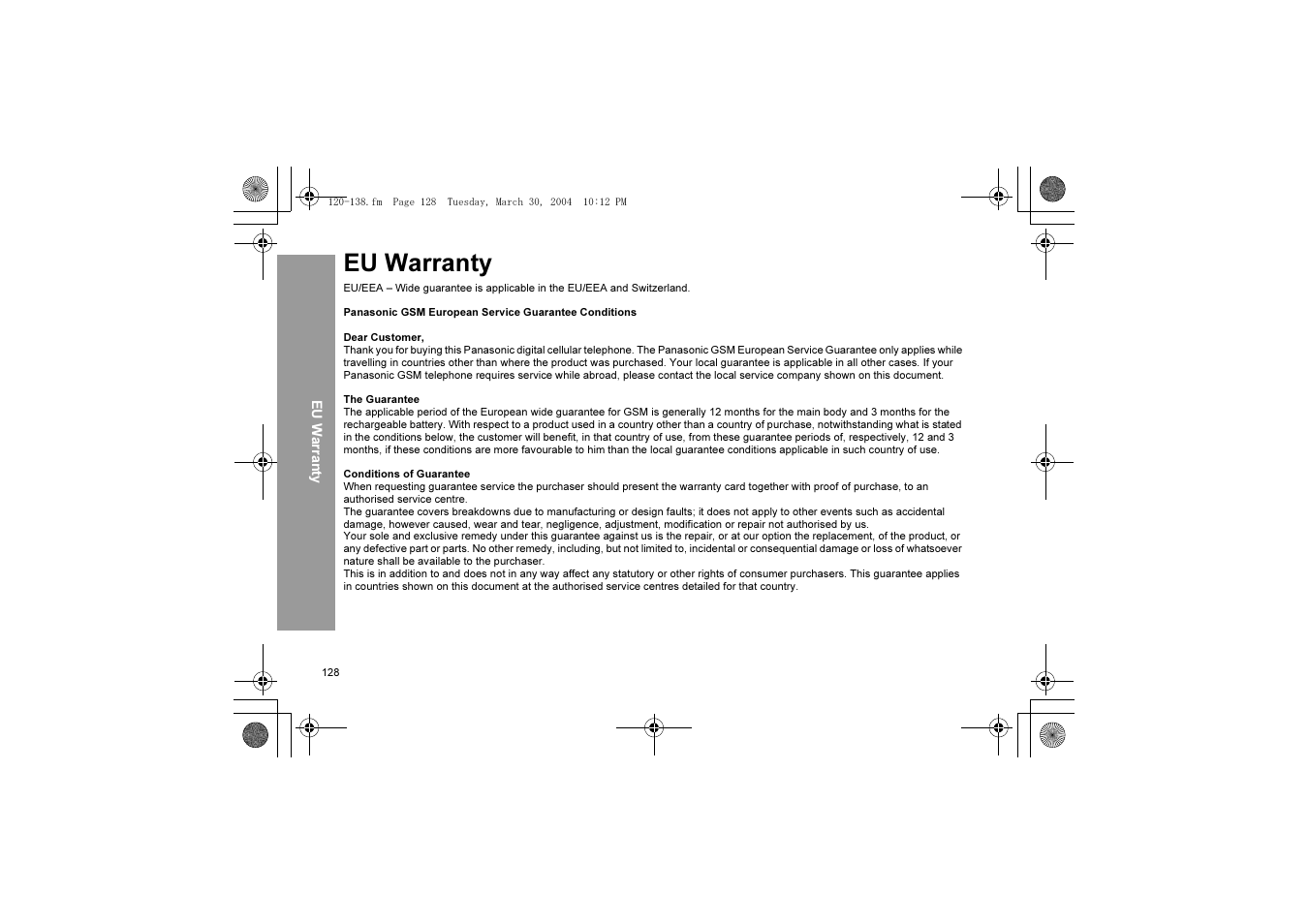 Eu warranty | Panasonic X60 User Manual | Page 130 / 140