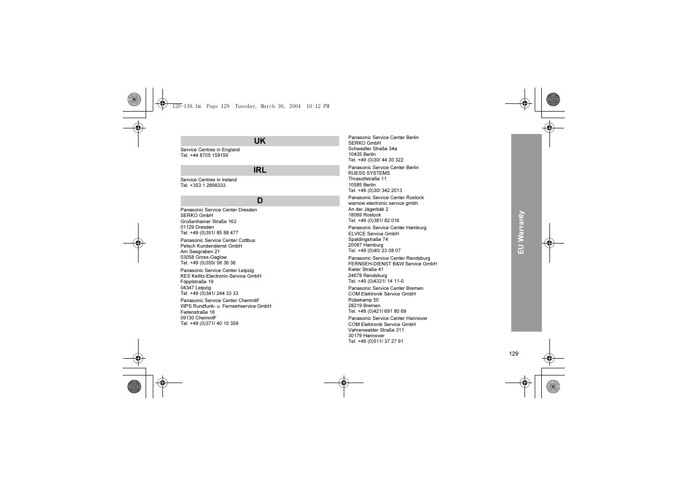 Uk irl d | Panasonic X60 User Manual | Page 131 / 140