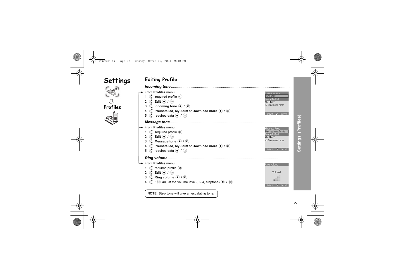 Settings, Editing profile, Profiles | Panasonic X60 User Manual | Page 29 / 140