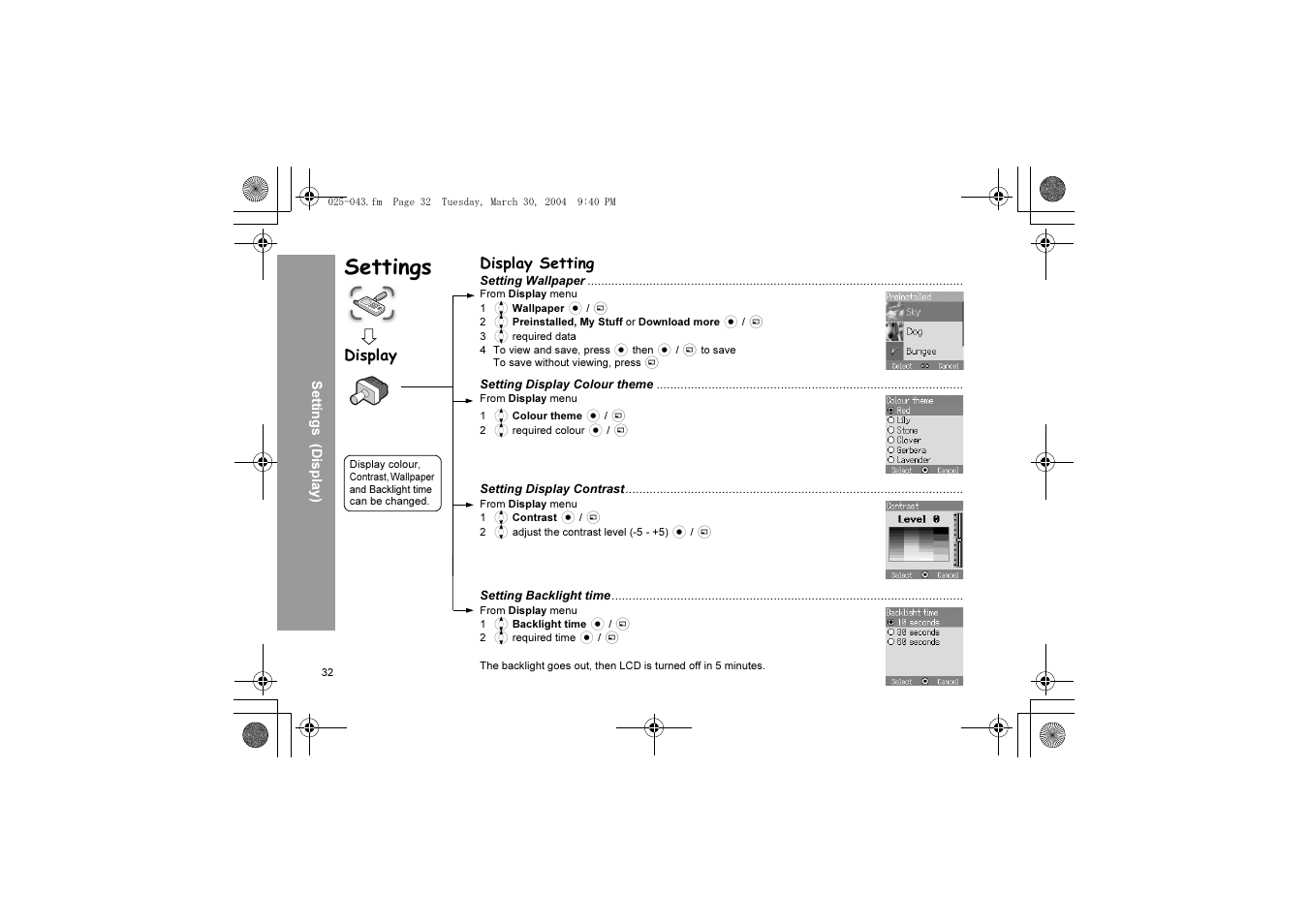 Settings, Display setting, Display | Panasonic X60 User Manual | Page 34 / 140