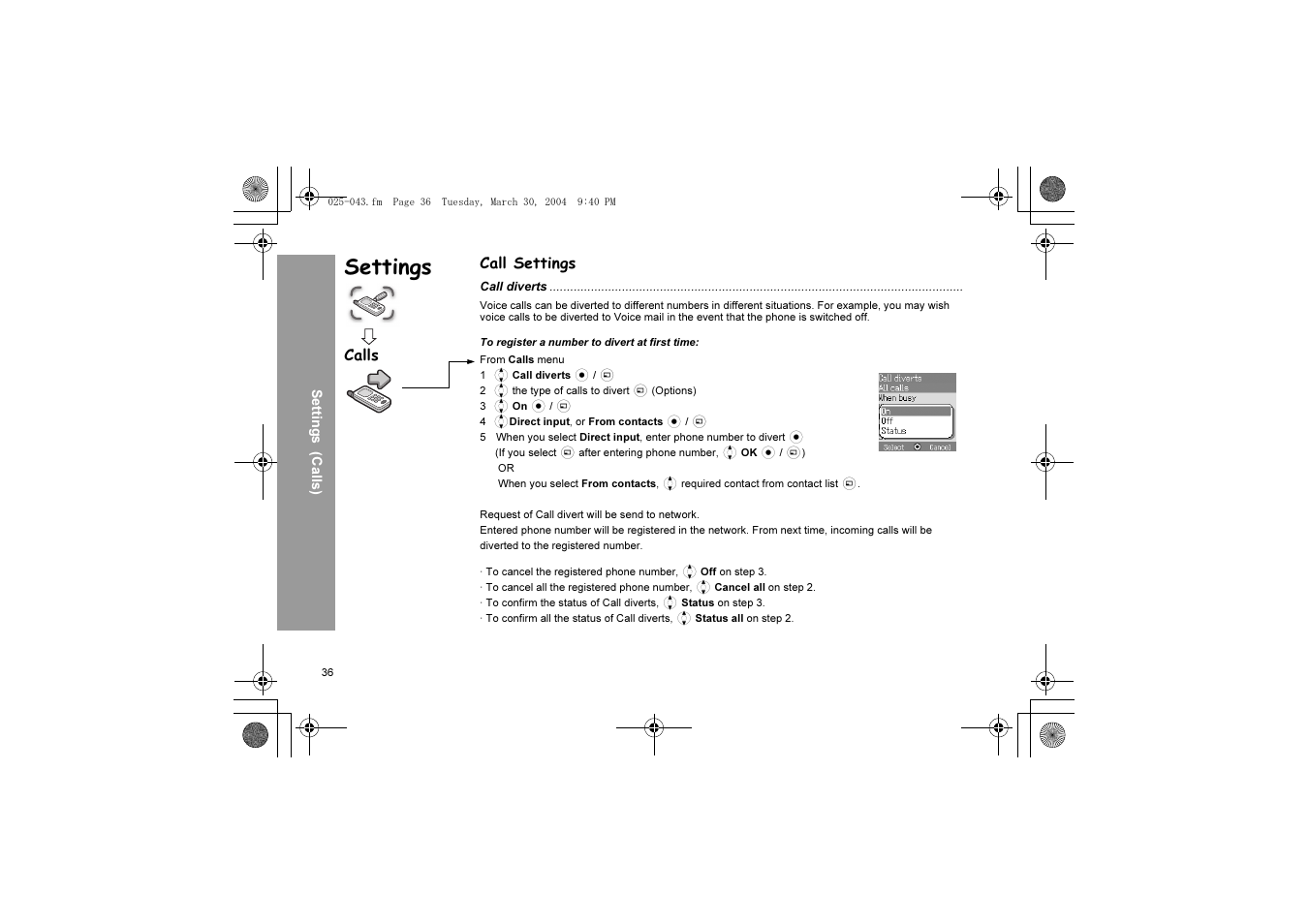 Settings, Call settings, Calls | Panasonic X60 User Manual | Page 38 / 140