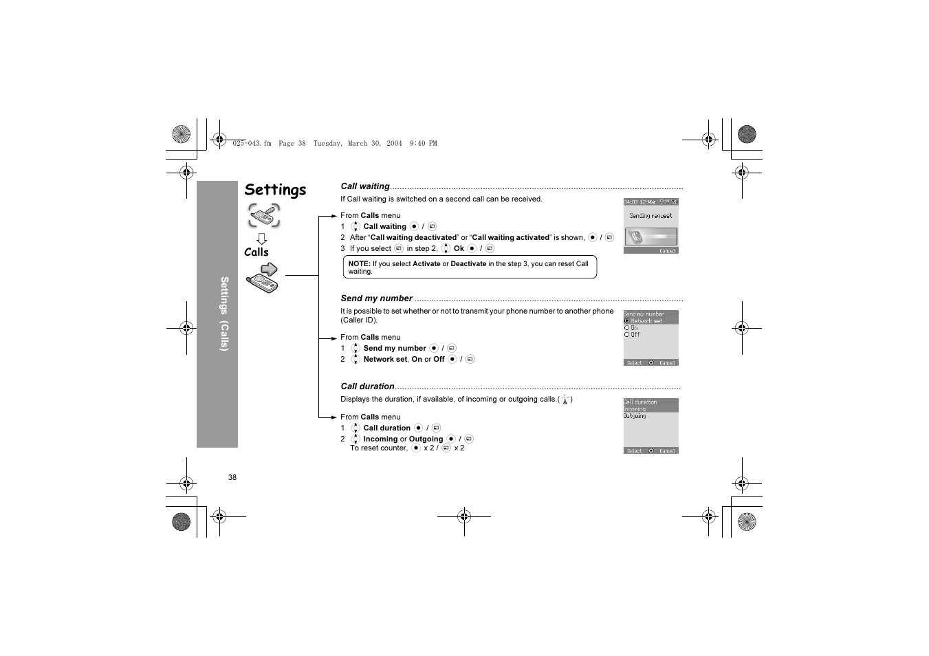 Settings, Calls | Panasonic X60 User Manual | Page 40 / 140