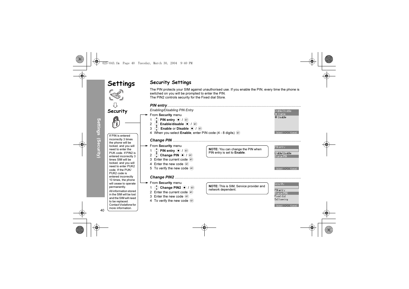 Settings, Security settings, Security | Panasonic X60 User Manual | Page 42 / 140