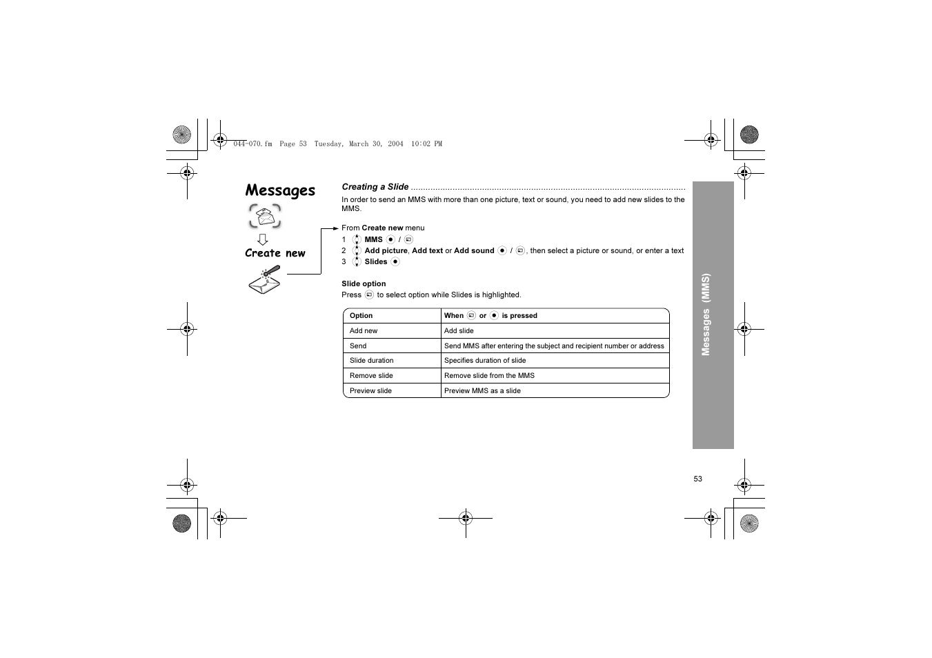 Messages, Create new | Panasonic X60 User Manual | Page 55 / 140