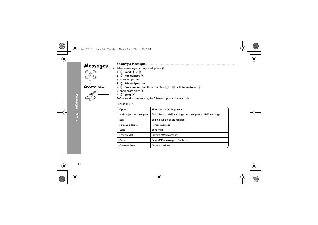 Messages, Create new | Panasonic X60 User Manual | Page 56 / 140