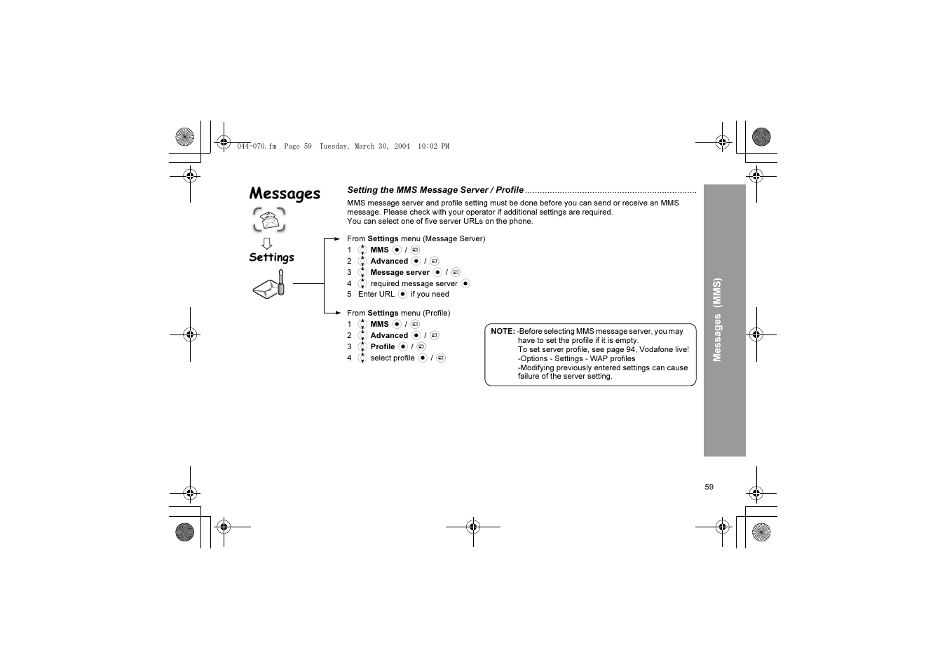 Messages, Settings | Panasonic X60 User Manual | Page 61 / 140