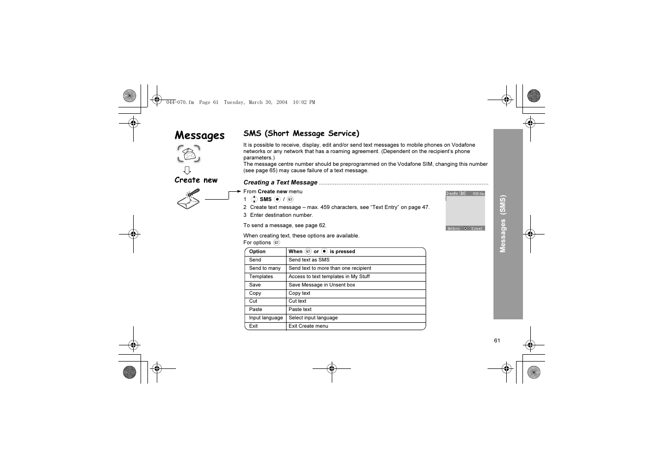 Messages, Sms (short message service), Create new | Panasonic X60 User Manual | Page 63 / 140