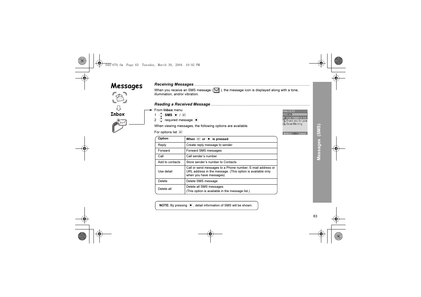 Messages, Inbox | Panasonic X60 User Manual | Page 65 / 140