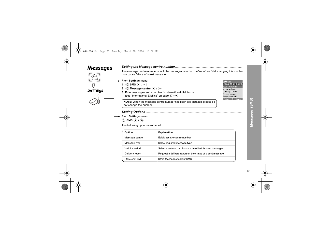 Messages, Settings | Panasonic X60 User Manual | Page 67 / 140