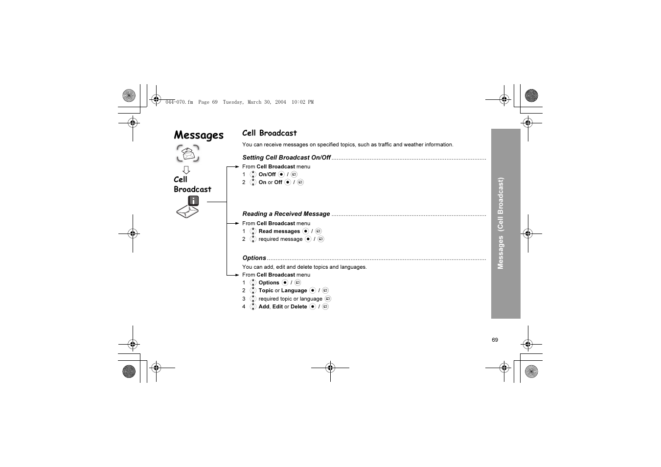 Messages, Cell broadcast | Panasonic X60 User Manual | Page 71 / 140