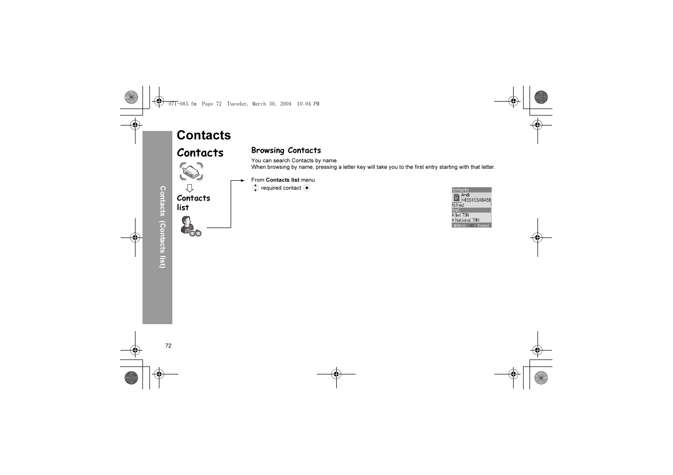 Contacts | Panasonic X60 User Manual | Page 74 / 140