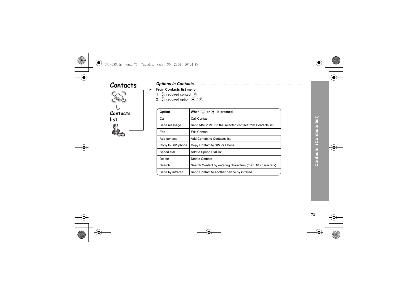 Contacts | Panasonic X60 User Manual | Page 75 / 140