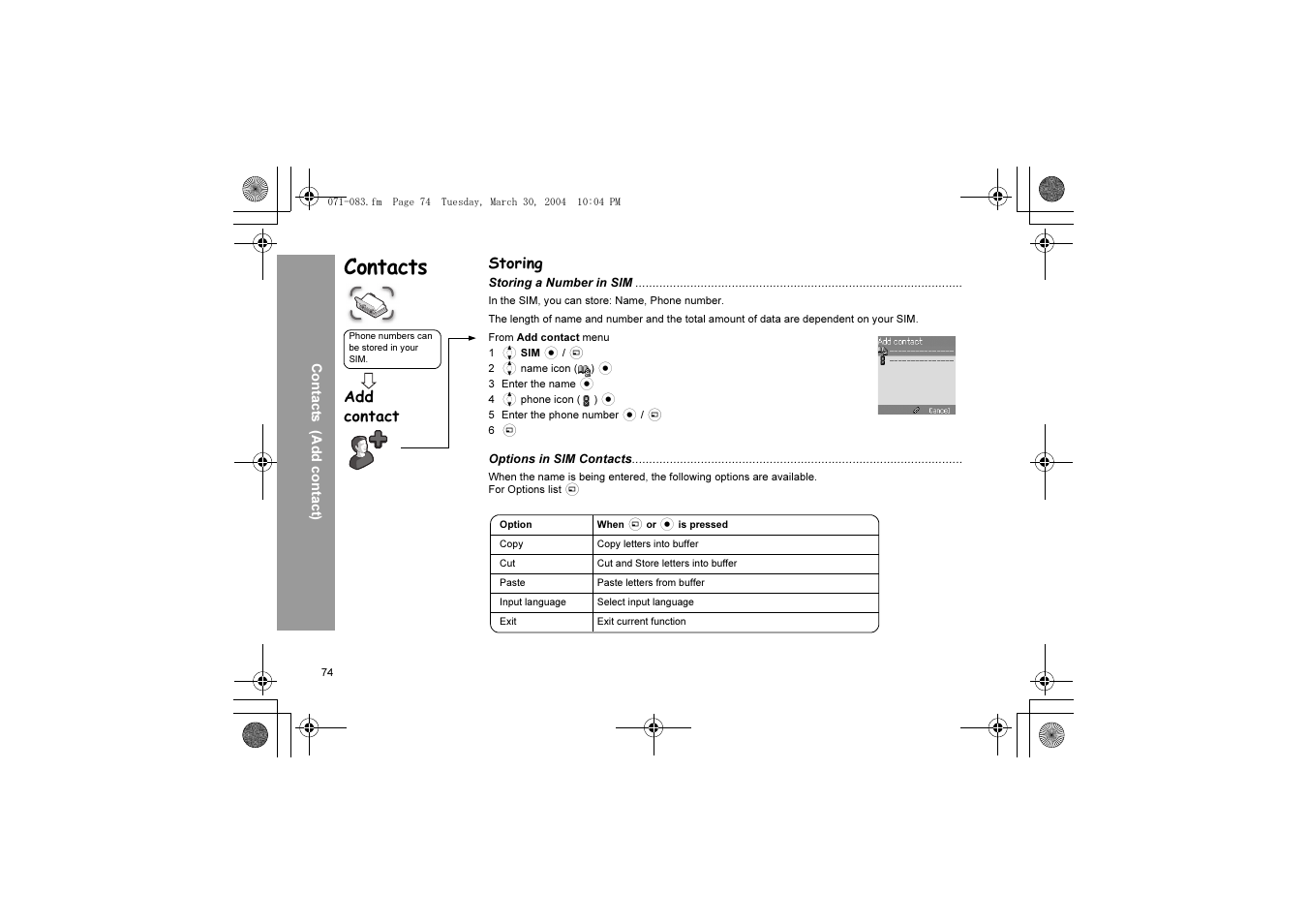 Contacts | Panasonic X60 User Manual | Page 76 / 140