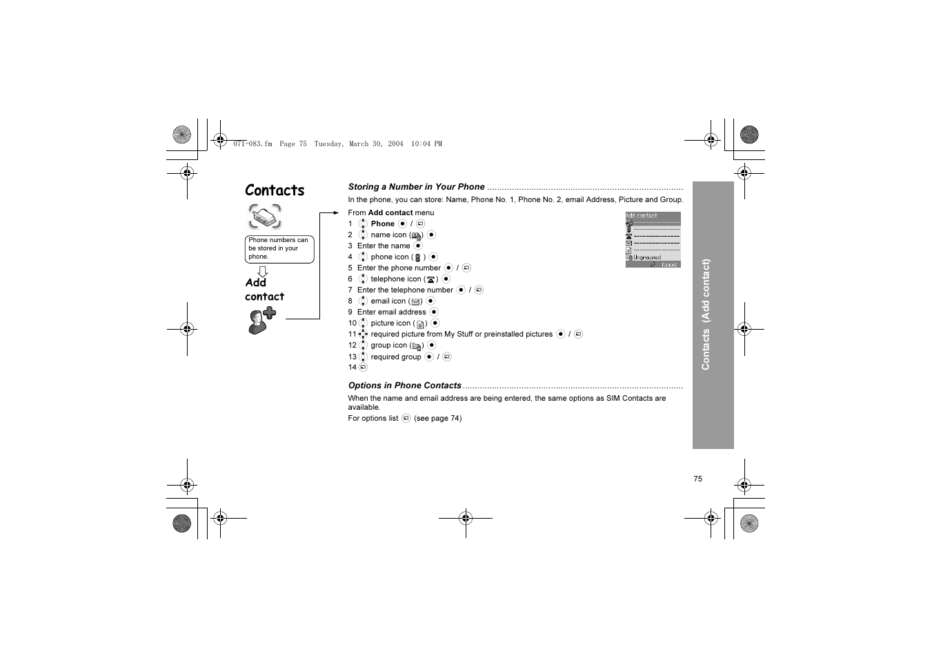 Contacts, Add contact | Panasonic X60 User Manual | Page 77 / 140