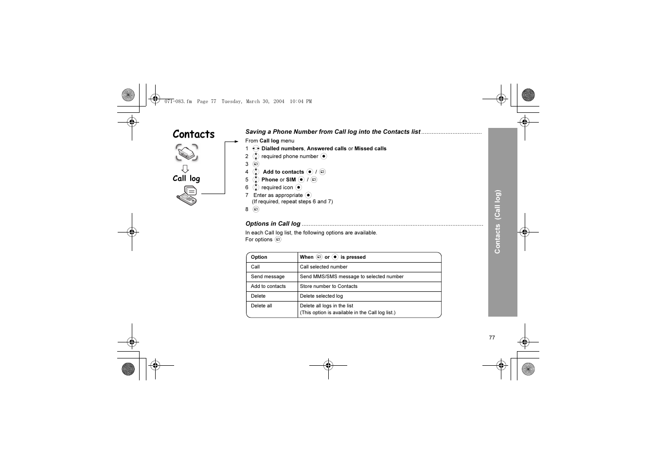 Contacts, Call log | Panasonic X60 User Manual | Page 79 / 140