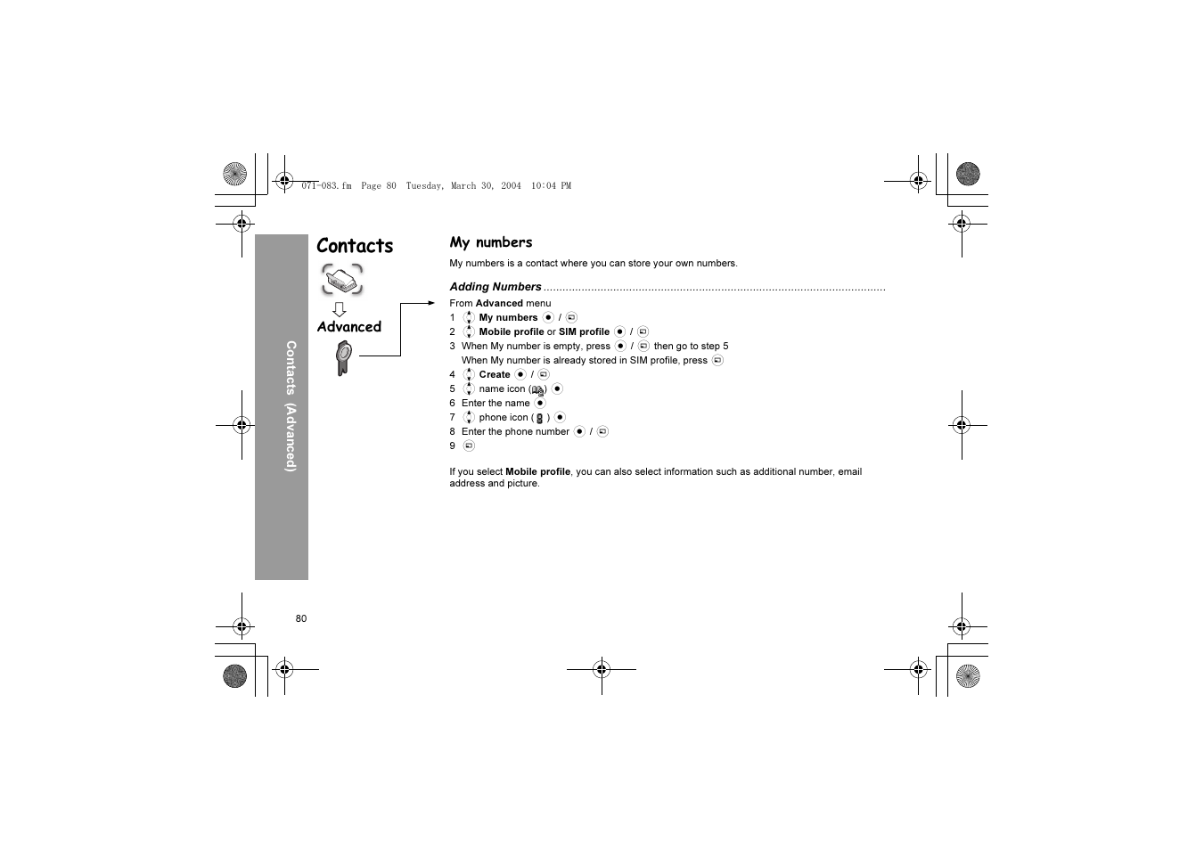 Contacts, My numbers, Advanced | Panasonic X60 User Manual | Page 82 / 140