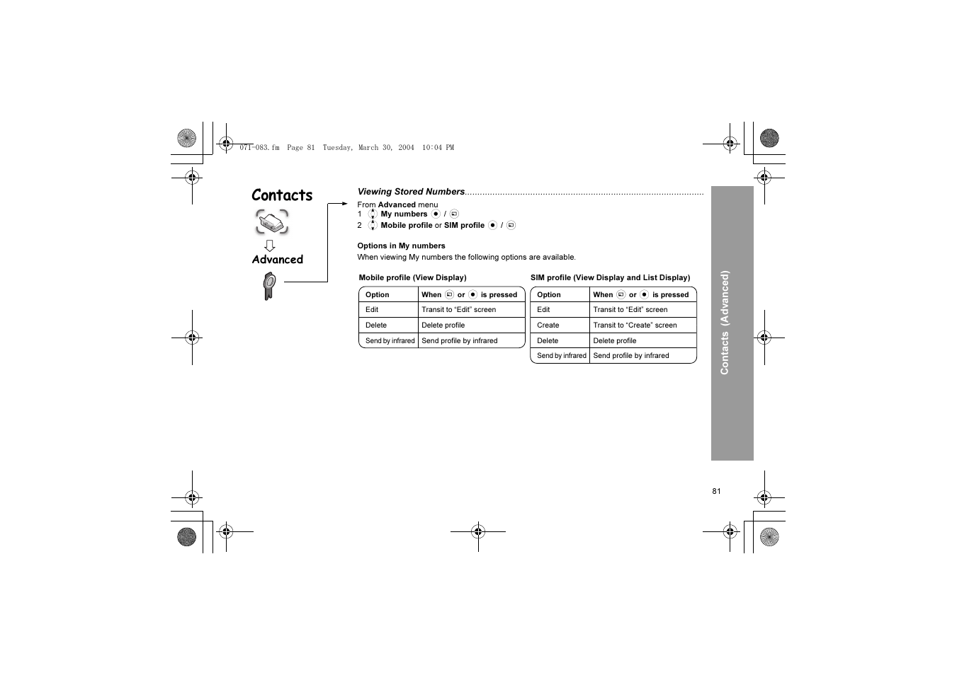 Contacts, Advanced | Panasonic X60 User Manual | Page 83 / 140