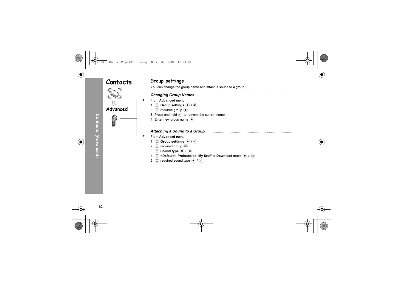 Contacts, Group settings, Advanced | Panasonic X60 User Manual | Page 84 / 140