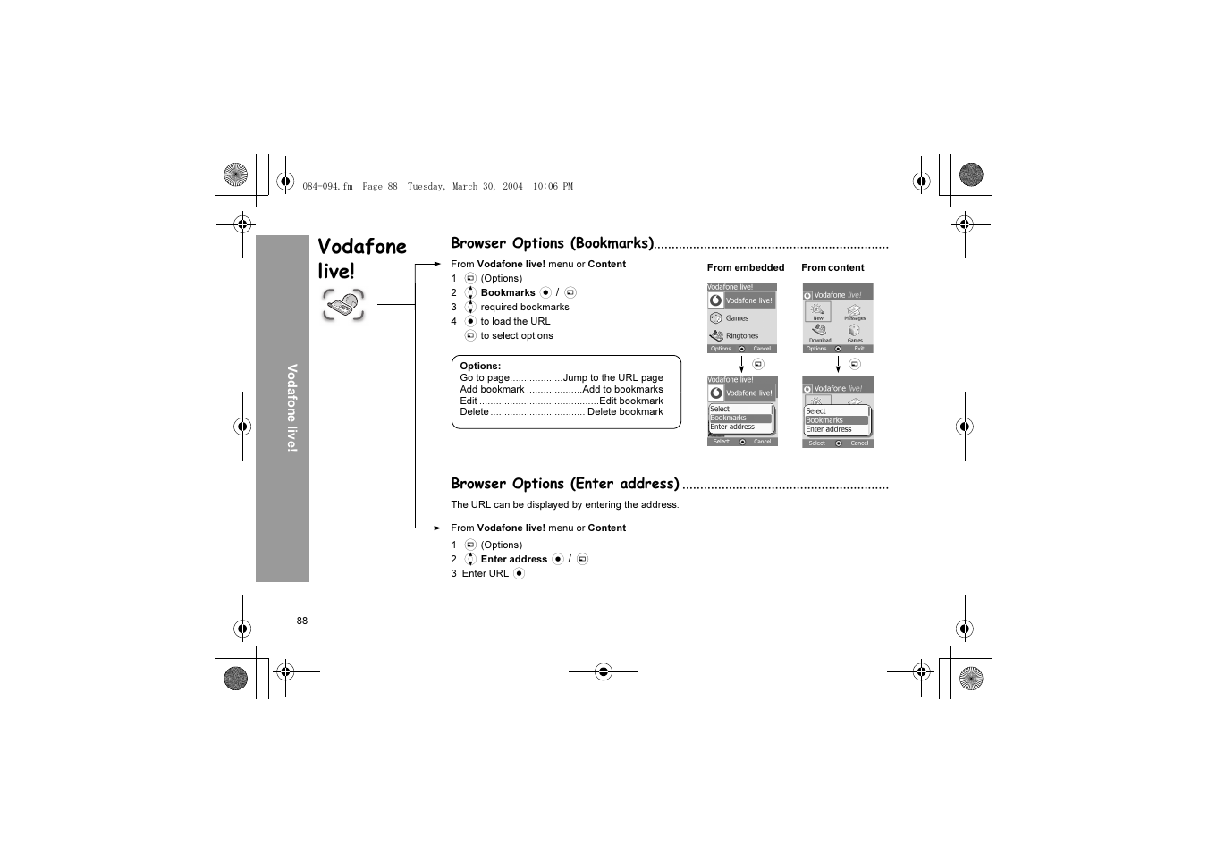 Vodafone live, Browser options (bookmarks), Browser options (enter address) | Panasonic X60 User Manual | Page 90 / 140