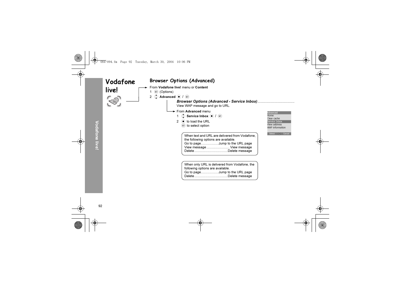 Vodafone live, Browser options (advanced) | Panasonic X60 User Manual | Page 94 / 140