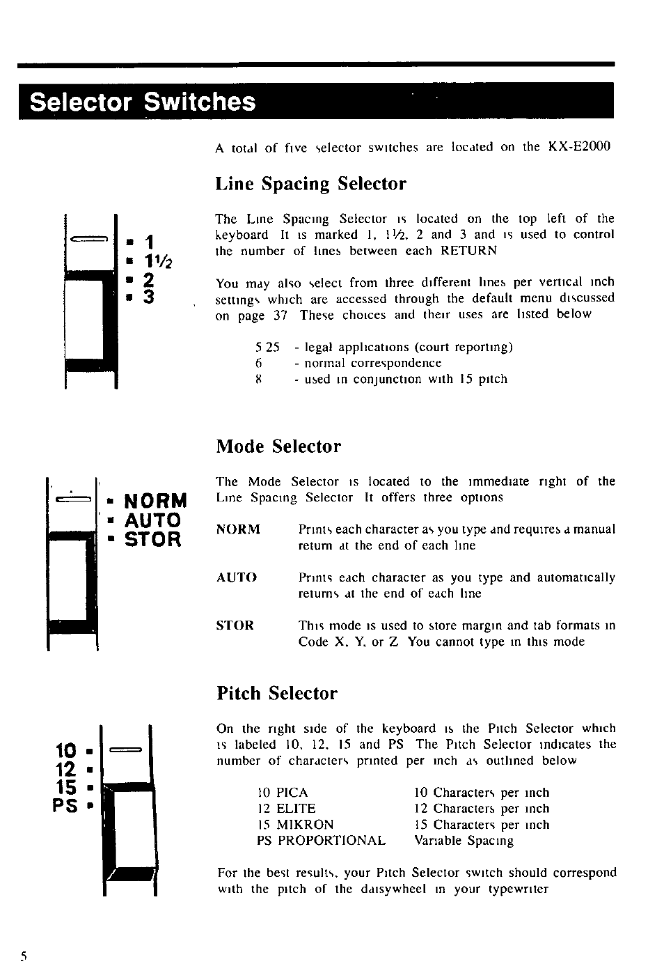 Selector switches, Line spacing selector, Mode selector | Pitch selector, Line spacing selector mode selector pitch selector, Norm auto stor | Panasonic KX-E2000 User Manual | Page 12 / 63