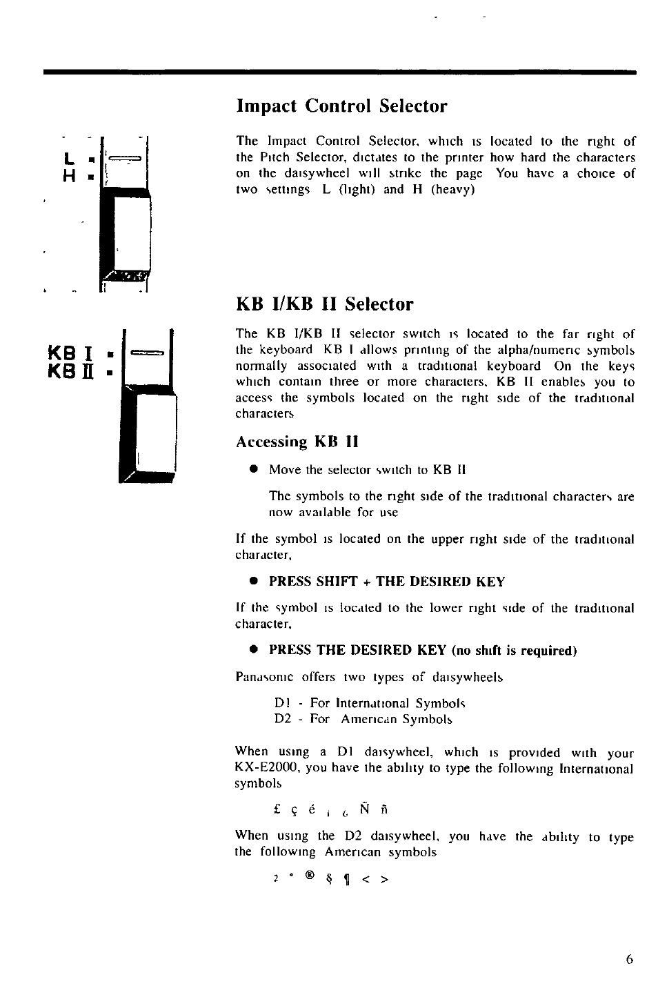 Kb 1 kb i, Impact control selector, Kb i/kb ii selector | Accessing kb 11, Press shift + the desired key, Press the desired key (no shift is required), Impact control selector kb i/kb ii selector, Accessing kb ii | Panasonic KX-E2000 User Manual | Page 13 / 63