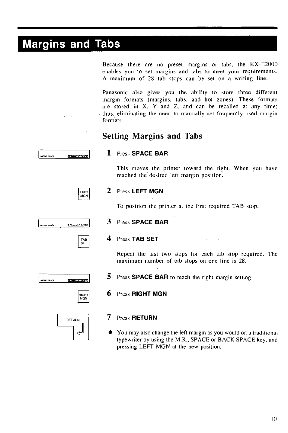 Margins and tabs, Setting margins and tabs, 1 press space bar | 2 press left mgn, 3 press space bar, 4 press tab set, 6 press right mgn, 7 press return, Setting margins and tabs 1 | Panasonic KX-E2000 User Manual | Page 17 / 63