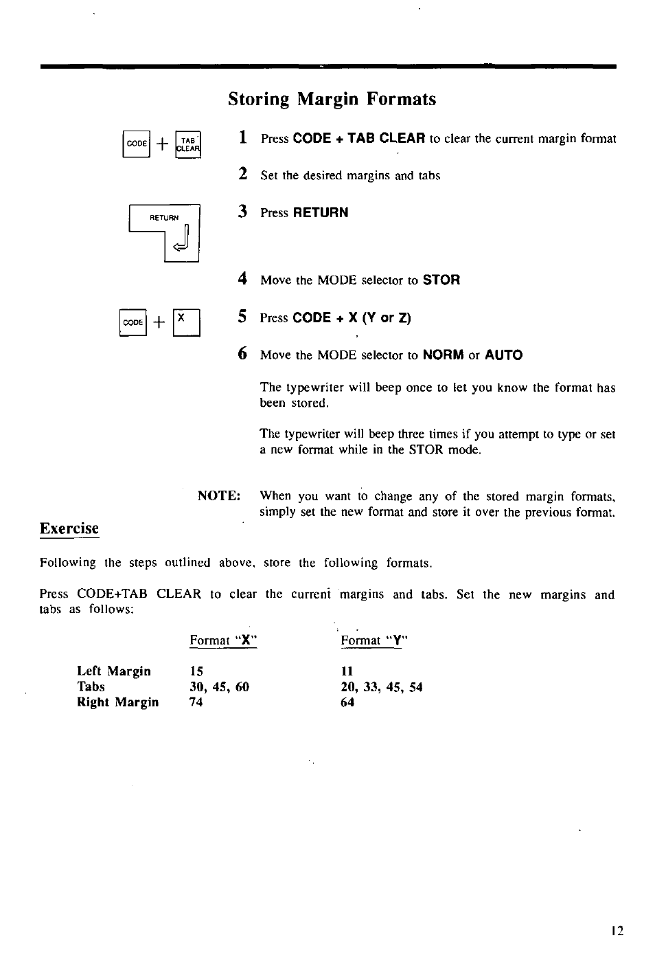 Storing margin formats, 3 press return, 5 press code + x (y or z) | Exercise, Storing margin formats 1 | Panasonic KX-E2000 User Manual | Page 19 / 63