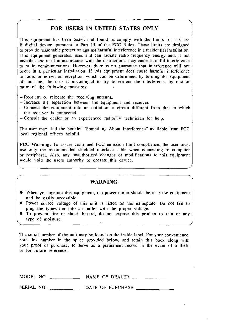 For users in united states only, Warning | Panasonic KX-E2000 User Manual | Page 2 / 63