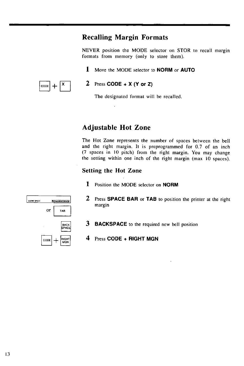 Recalling margin formats, 2 press code + x (y or z), Adjustable hot zone | Setting the hot zone, 4 press code + right mgn, Recalling margin formats adjustable hot zone, I i ^ j | Panasonic KX-E2000 User Manual | Page 20 / 63