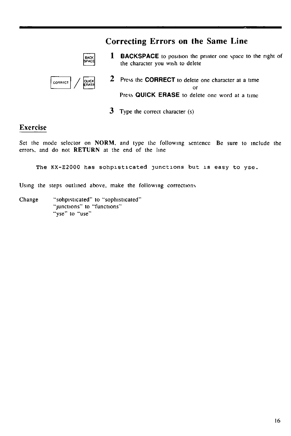 Correcting errors on the same line, Exercise, Correcting errors on the same line 1 | Panasonic KX-E2000 User Manual | Page 23 / 63