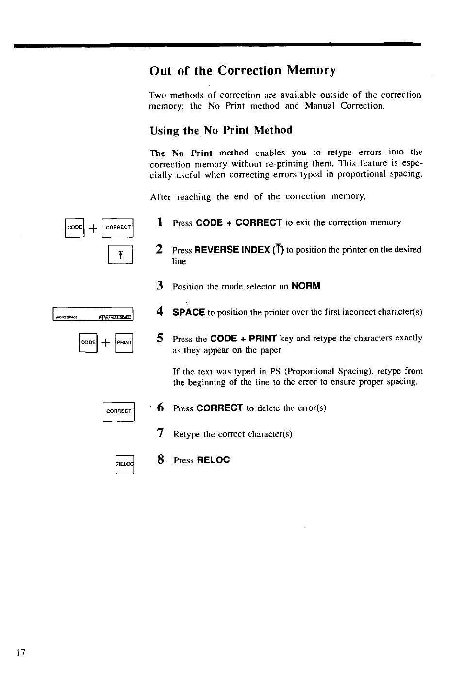 Out of the correction memory, Using the no print method, 8 press reloc | Panasonic KX-E2000 User Manual | Page 24 / 63