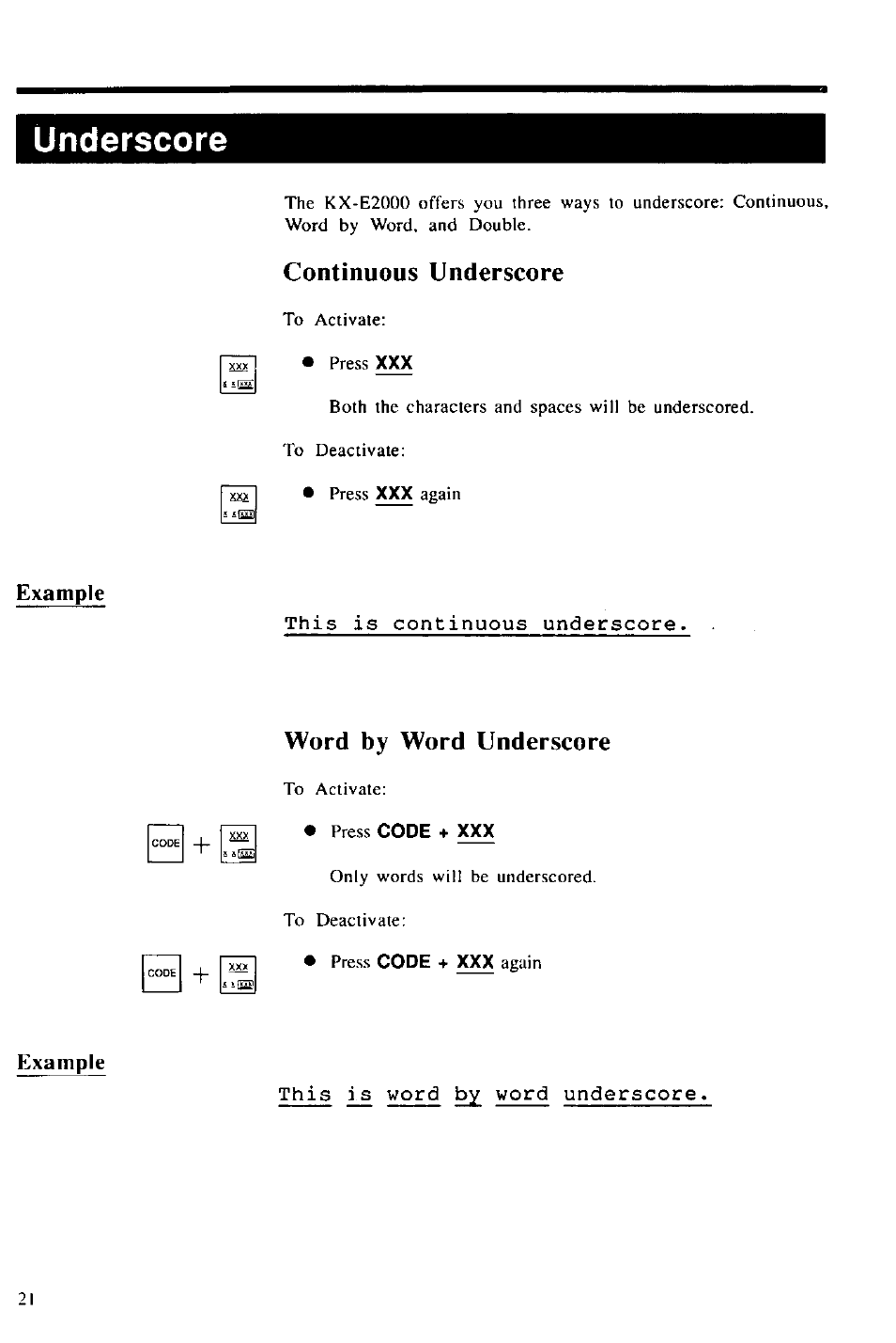 Underscore, Continuous underscore, This is continuous underscore | Word by word underscore, Press code + xxx, This is word by word underscore, Example | Panasonic KX-E2000 User Manual | Page 28 / 63