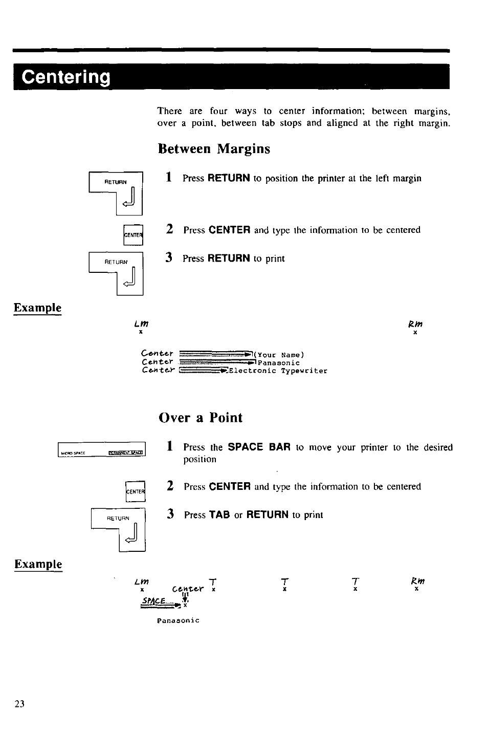 Centering, Between margins, Over a point | Between margins over a point, Between margins 1, Over a point 1 | Panasonic KX-E2000 User Manual | Page 30 / 63