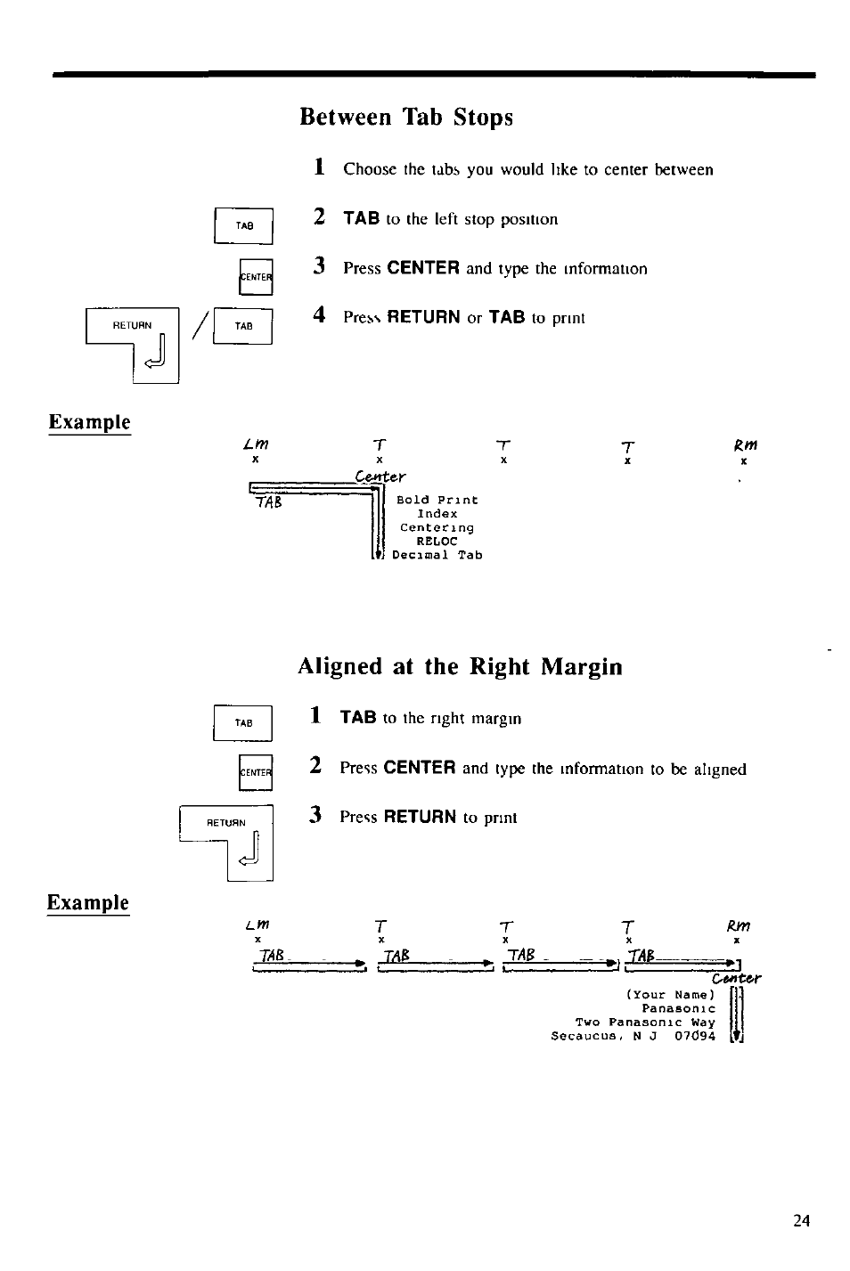 Between tab stops, Aligned at the right margin, Between tab stops 1 | Aligned at the right margin 1, Example | Panasonic KX-E2000 User Manual | Page 31 / 63