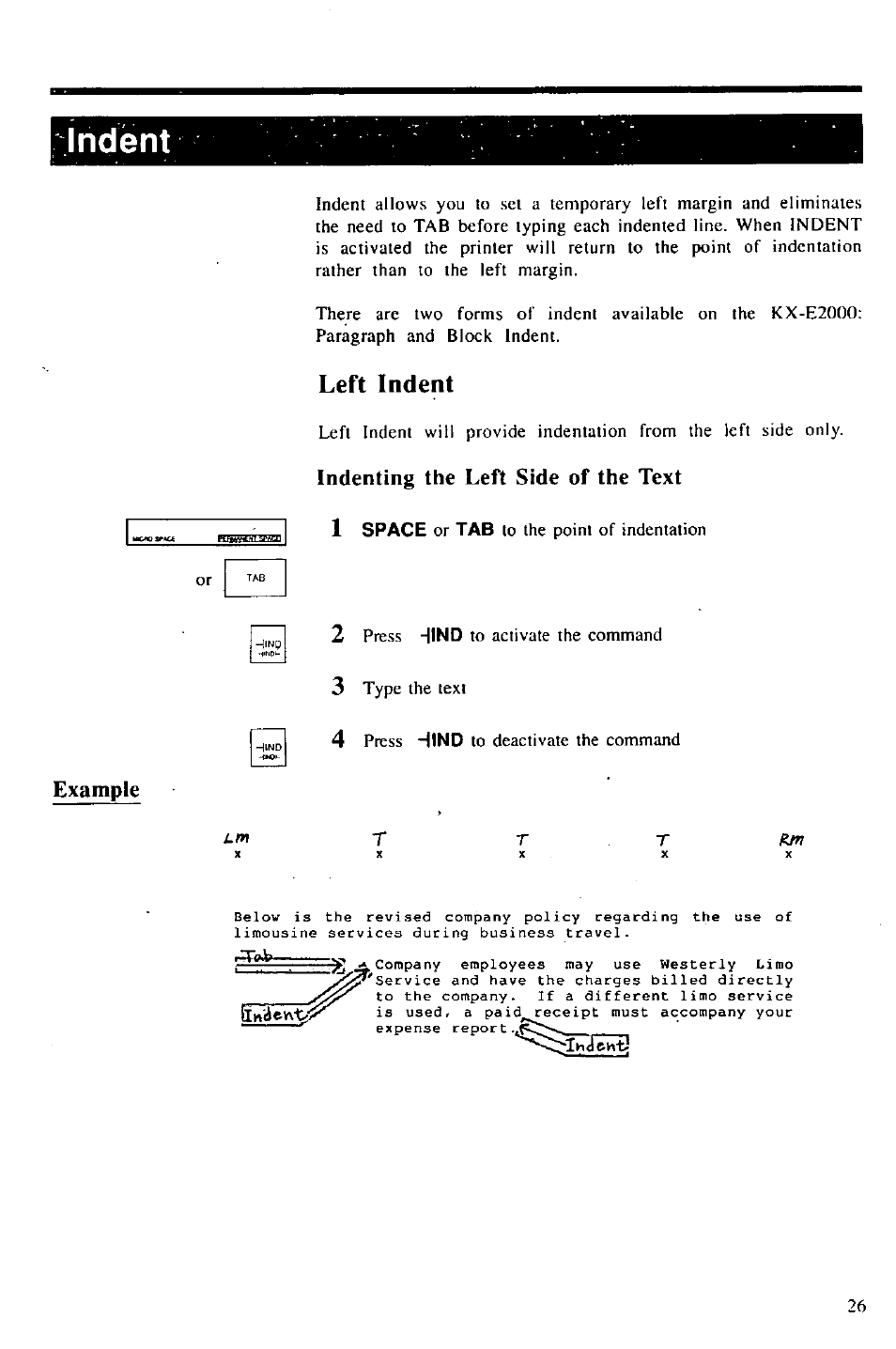 Indent, Left indent, Indenting the left side of the text | Example | Panasonic KX-E2000 User Manual | Page 33 / 63