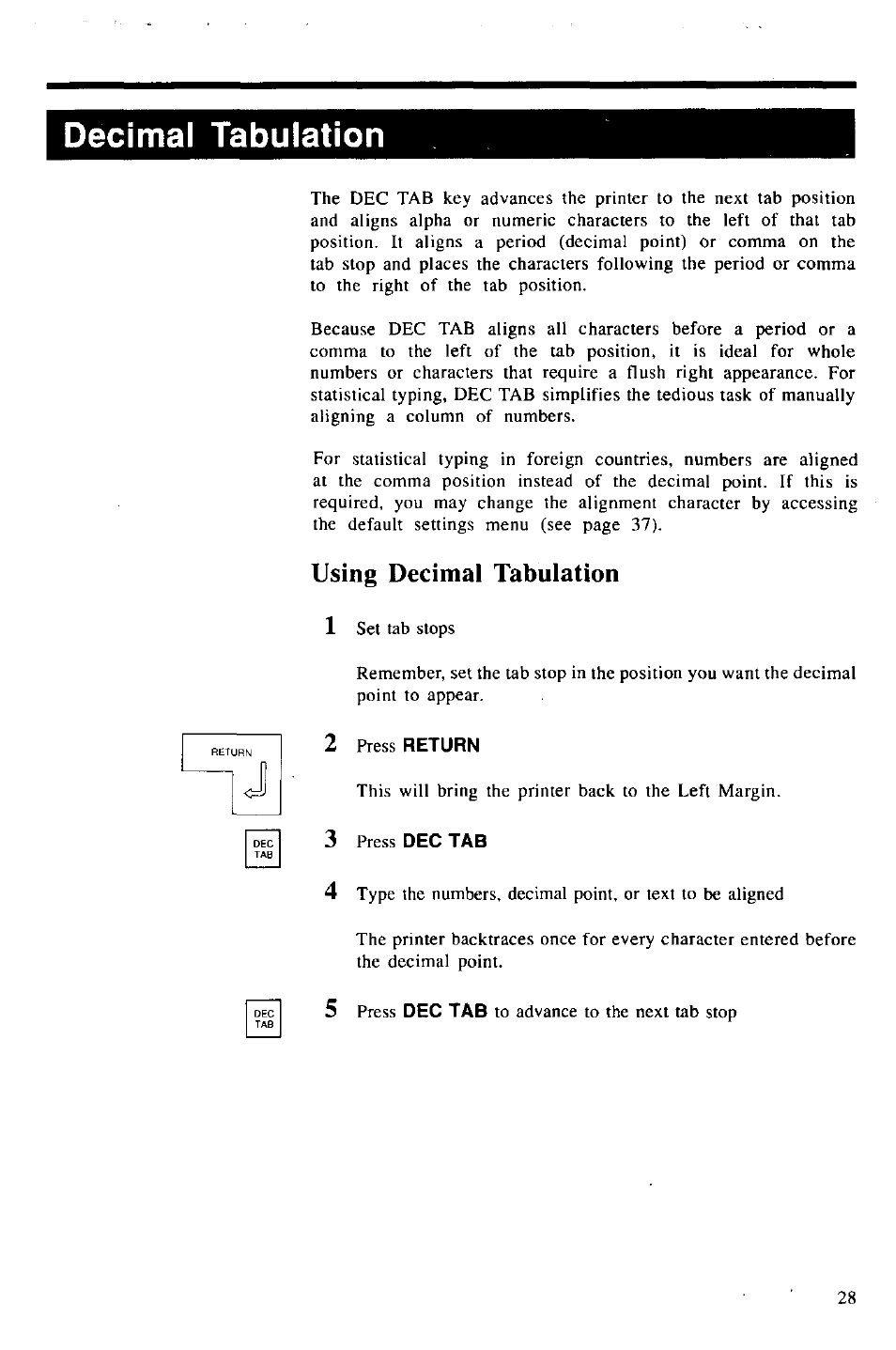 Decimal tabulation, Using decimal tabulation, 2 press return | 3 press dec tab, Using decimal tabulation 1 | Panasonic KX-E2000 User Manual | Page 35 / 63