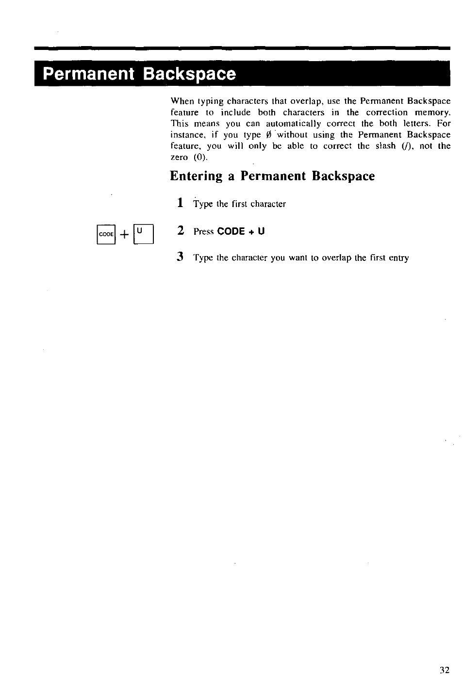Permanent backspace, Entering a permanent backspace, 2 press code + u | Entering a permanent backspace 1 | Panasonic KX-E2000 User Manual | Page 39 / 63