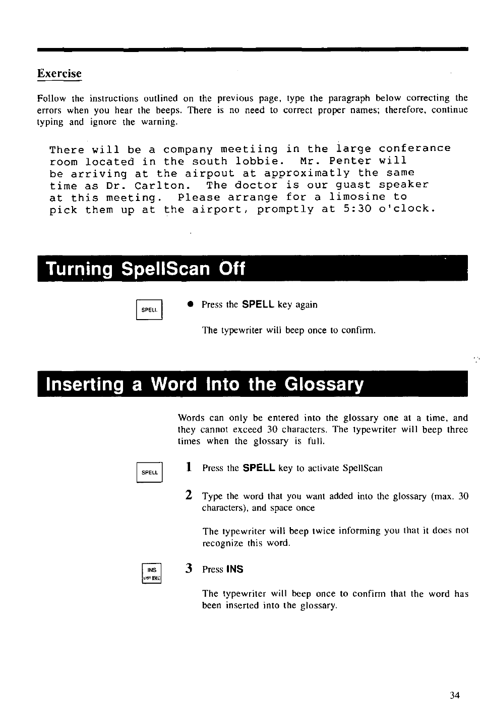 Turning spellscan off, Inserting a word into the glossary, Exercise | Panasonic KX-E2000 User Manual | Page 41 / 63