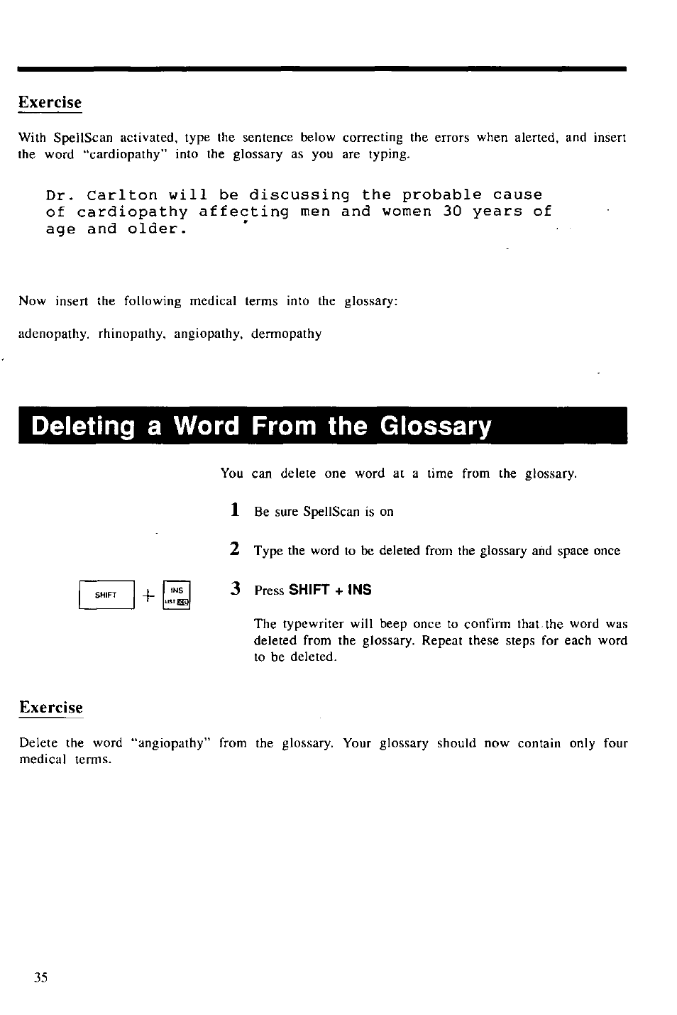 Deleting a word from the glossary, 3 press shift + ins, Exercise | Panasonic KX-E2000 User Manual | Page 42 / 63