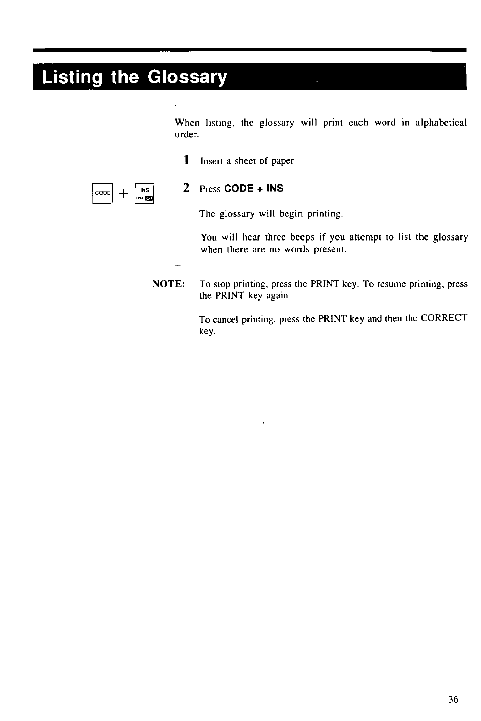 Listing the glossary, 2 press code + ins | Panasonic KX-E2000 User Manual | Page 43 / 63