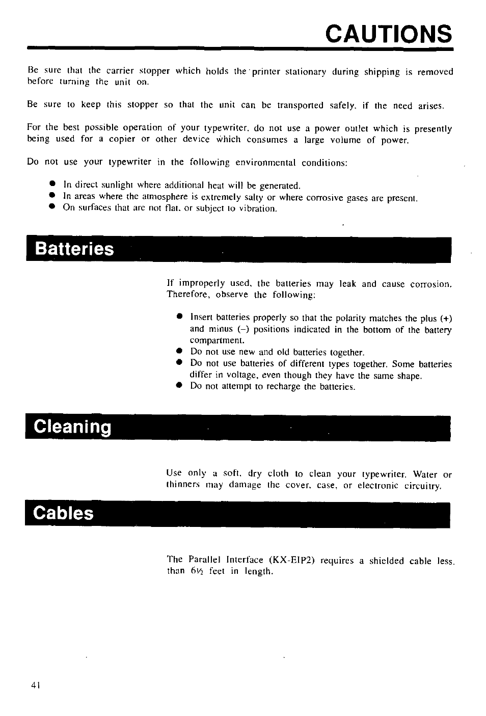 Batteries, Cleaning, Cables | Batteries • cleaning, Cautions | Panasonic KX-E2000 User Manual | Page 48 / 63